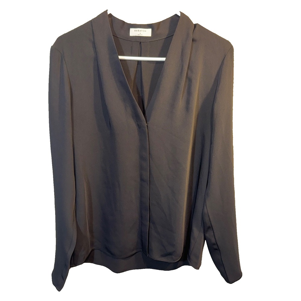 Aritzia Babaton Akira Power Blouse Long Sleeve V-neck Black Sz Medium polyester
